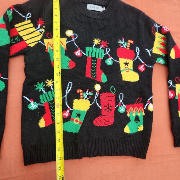 Lubot Woman’s UGLY Christmas Sweater W Stockings Size Small Black Green Red - Picture 5 of 7